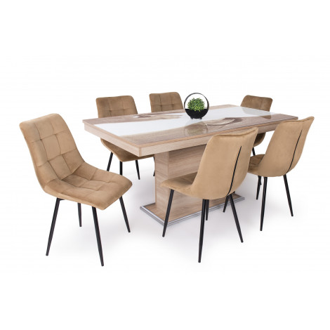 Sonoma tölgy - sonoma tölgy - fehér epoxy üveglapos asztal + barna szék