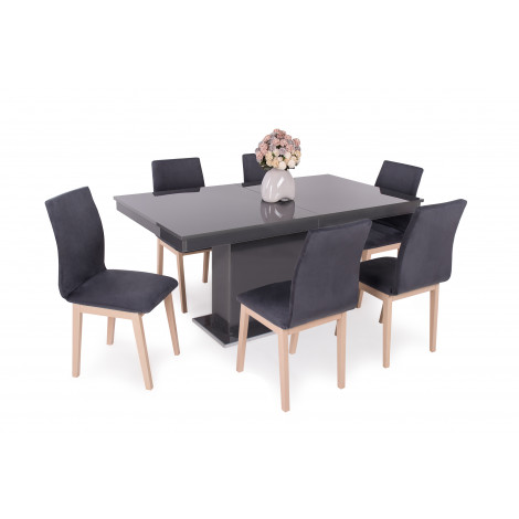 Magasfényű antracit asztal + Sonoma tölgy - sötétszürke szék