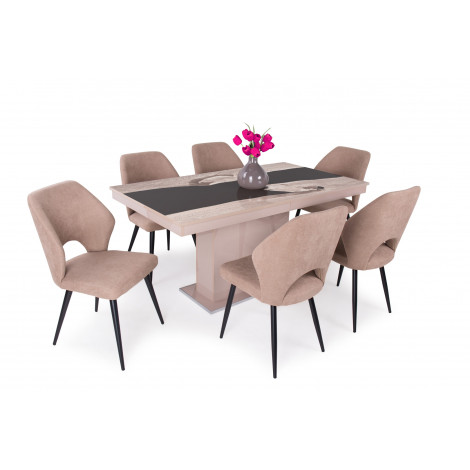 Magasfényű cappuccino - sonoma tölgy - szürke epoxy üveglapos asztal + Világosbarna szék