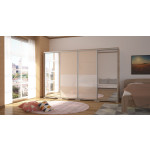Sonoma tölgy korpusz, 318 cm, beige + fehér magasfényű ajtókkal, 2 db sima tükör ajtóval