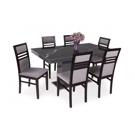 Magasfényű antracit - fekete márvány üveglapos asztal + Wenge - szürke szék