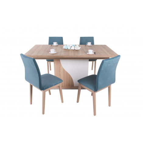 Sonoma tölgy - rusztik fehér asztal + Sonoma tölgy - türkizkék szék