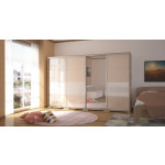 Sonoma tölgy korpusz, 318 cm, beige + fehér magasfényű ajtókkal, 1 db sima tükör ajtóval