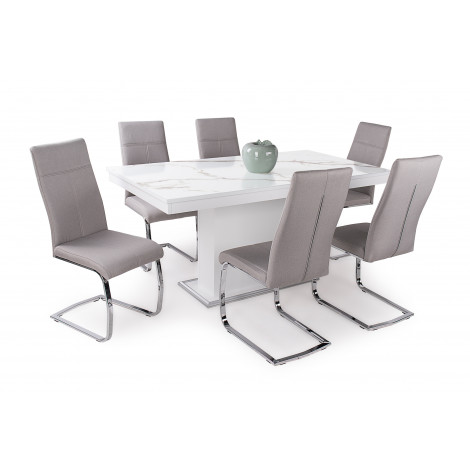 Rusztik fehér asztal + beige márvány üveglap + szürke szék
