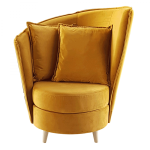 Fotel Art Deco stílusban, mustár színű Riviera szövet/tölgy, ROUND NEW, raktári