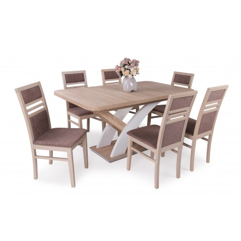 Sonoma tölgy - barna szövet szék + Sonoma tölgy - rusztik fehér asztal