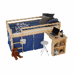 Ágy , PC asztallal, fenyőfa/kék, 90x200, ALZENA