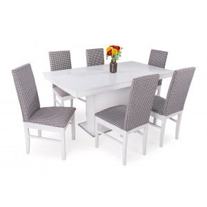 Magasfényű fehér asztal + Fehér - mintás szövet szék